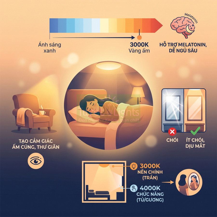Minh họa phòng ngủ dùng đèn trần ánh sáng vàng 3000K tạo cảm giác ấm cúng thư giãn và hỗ trợ giấc ngủ sâu