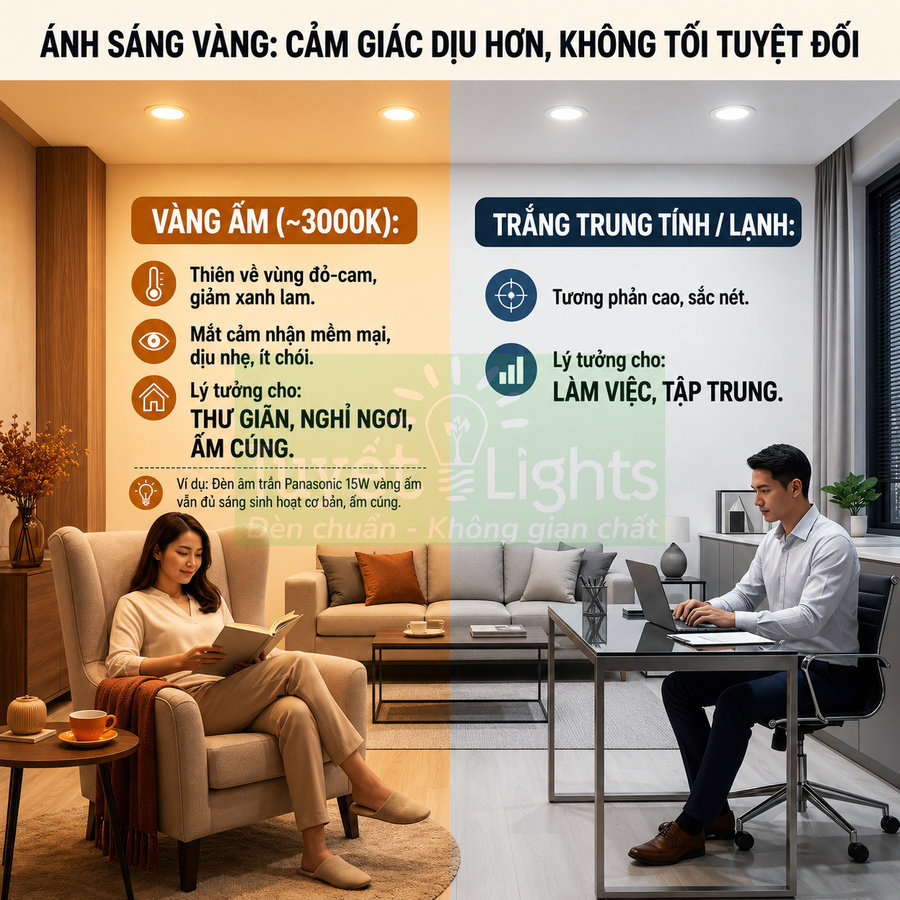 So sánh ánh sáng vàng ấm và trắng lạnh Panasonic cho phòng khách thư giãn và góc làm việc tập trung