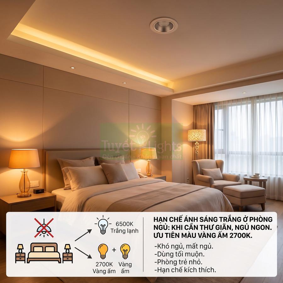 Phòng ngủ hiện đại sử dụng đèn ngủ và đèn trần ánh sáng vàng ấm 2700K tạo không gian thư giãn