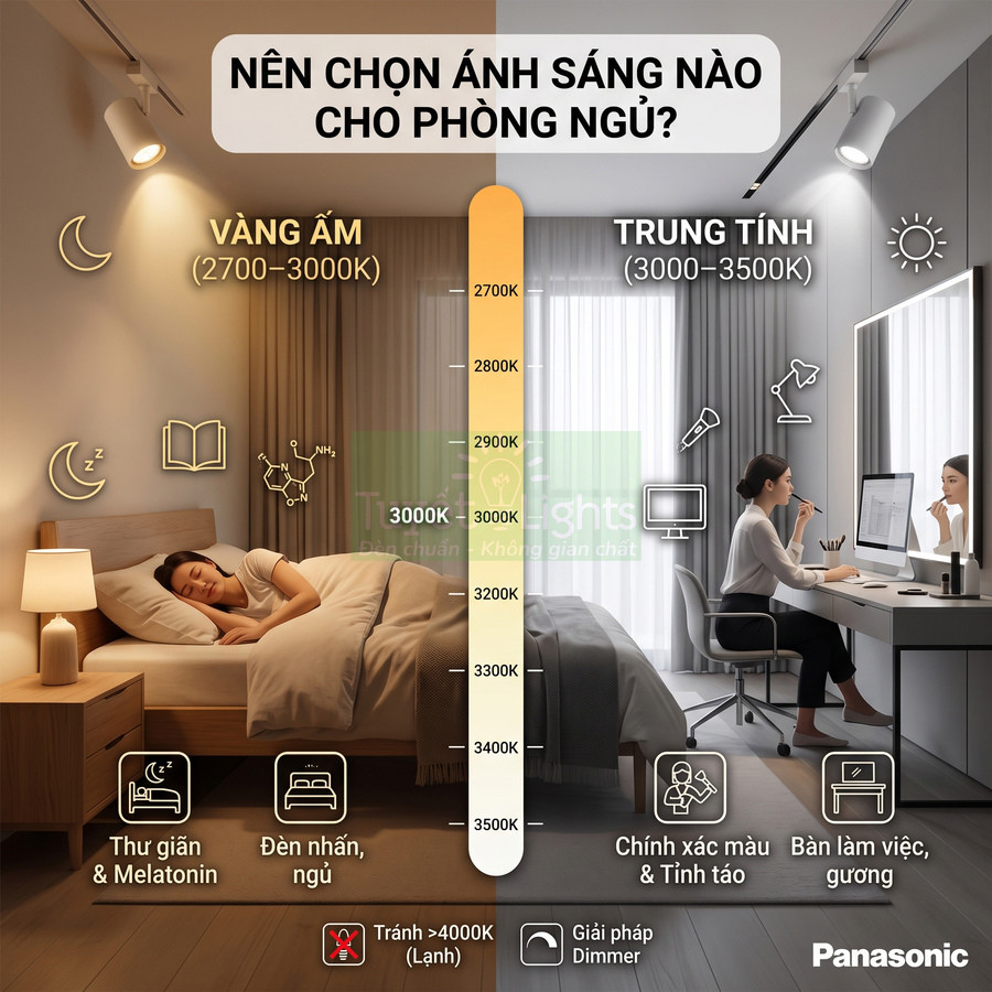 So sánh ánh sáng vàng ấm và trung tính Panasonic cho phòng ngủ, minh họa giường ngủ và bàn làm việc