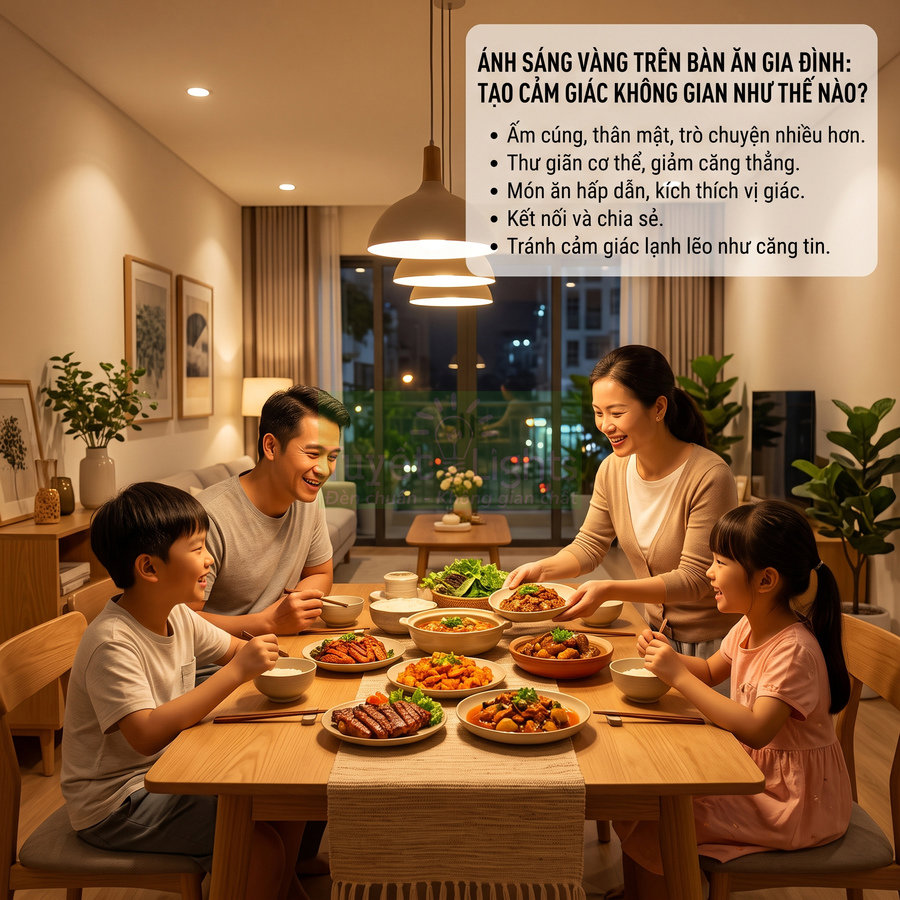 Gia đình quây quần ăn tối dưới ánh đèn vàng ấm áp trên bàn ăn gỗ, tạo không gian ấm cúng thân mật