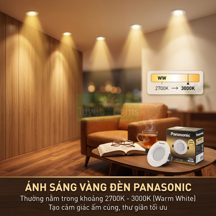 Đèn downlight Panasonic ánh sáng vàng 2700K 3000K lắp trần phòng khách tạo không gian ấm cúng