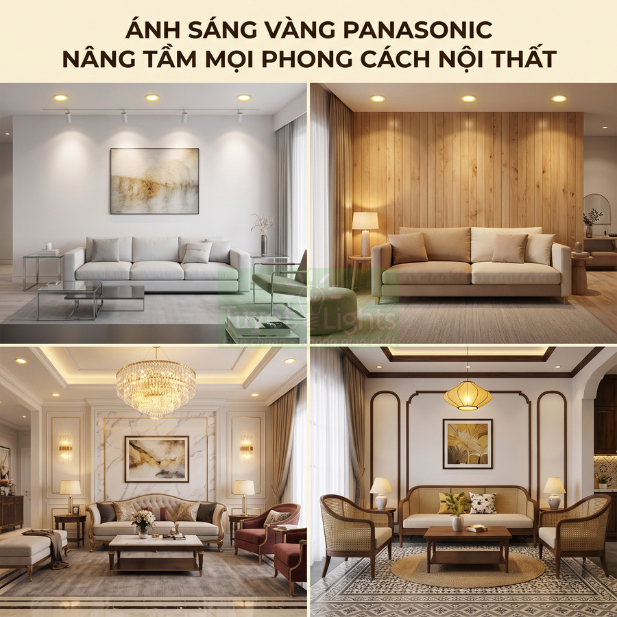 Đèn LED ánh sáng vàng Panasonic chiếu sáng phòng khách nhiều phong cách nội thất khác nhau