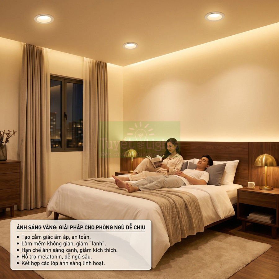 Đèn LED âm trần ánh sáng vàng cho phòng ngủ, tạo không gian ấm áp thư giãn cho cặp đôi trên giường