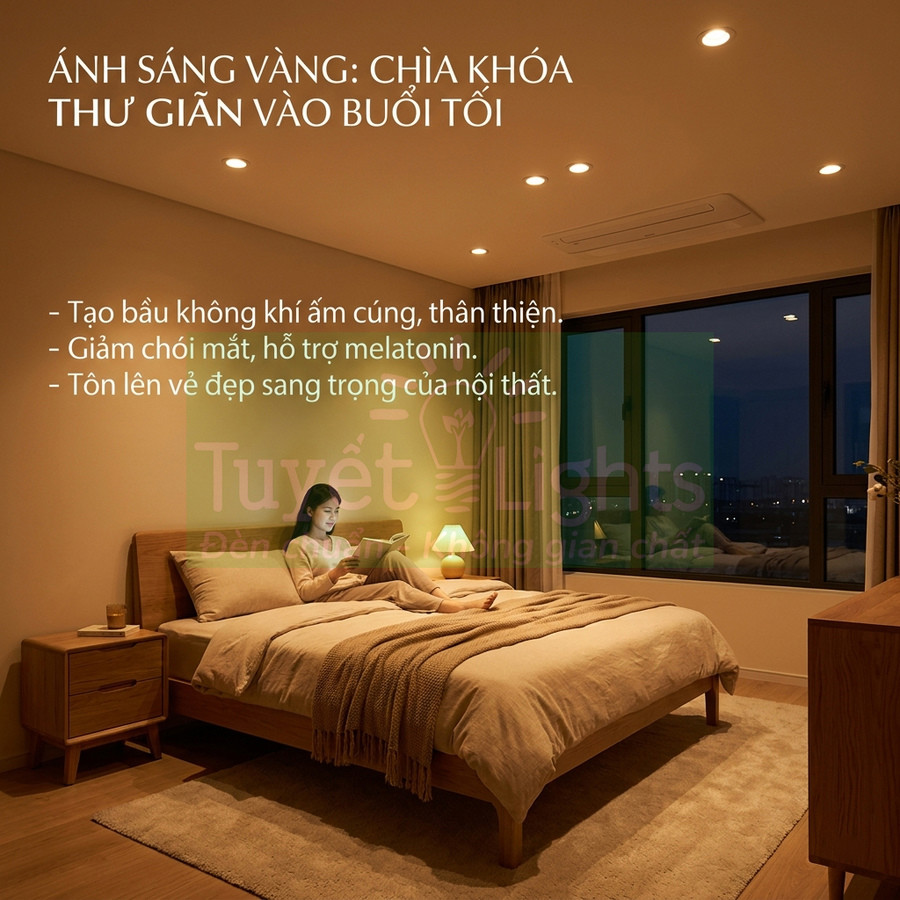 Phòng ngủ ấm cúng dùng đèn LED ánh sáng vàng Tuyết Lights, cô gái thư giãn đọc sách trên giường