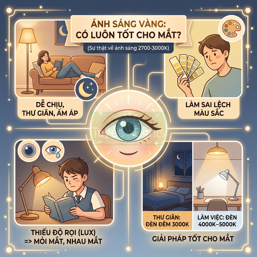 Infographic về tác động của ánh sáng vàng 2700–3000K đến mắt và gợi ý dùng đèn 3000K khi thư giãn, 4000–5000K khi làm việc