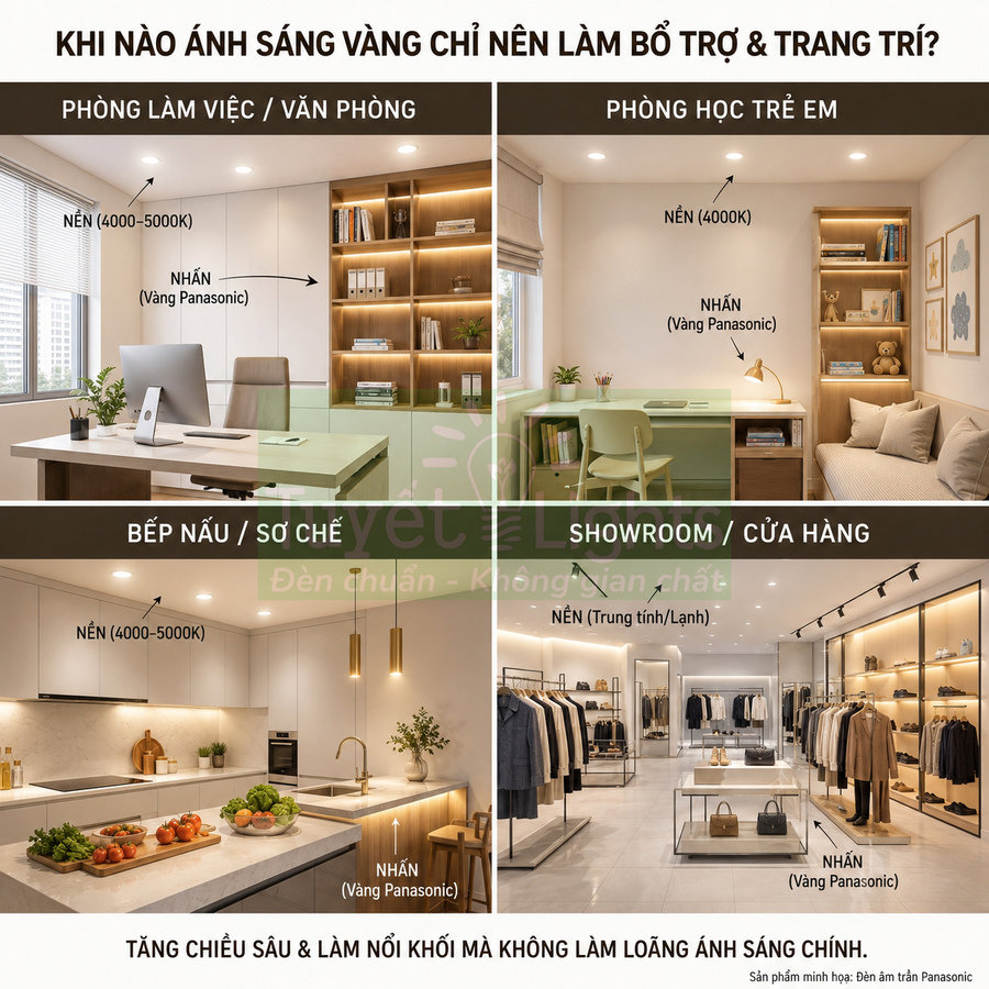 Các không gian nội thất dùng đèn âm trần Panasonic ánh sáng vàng làm điểm nhấn kết hợp ánh sáng trung tính