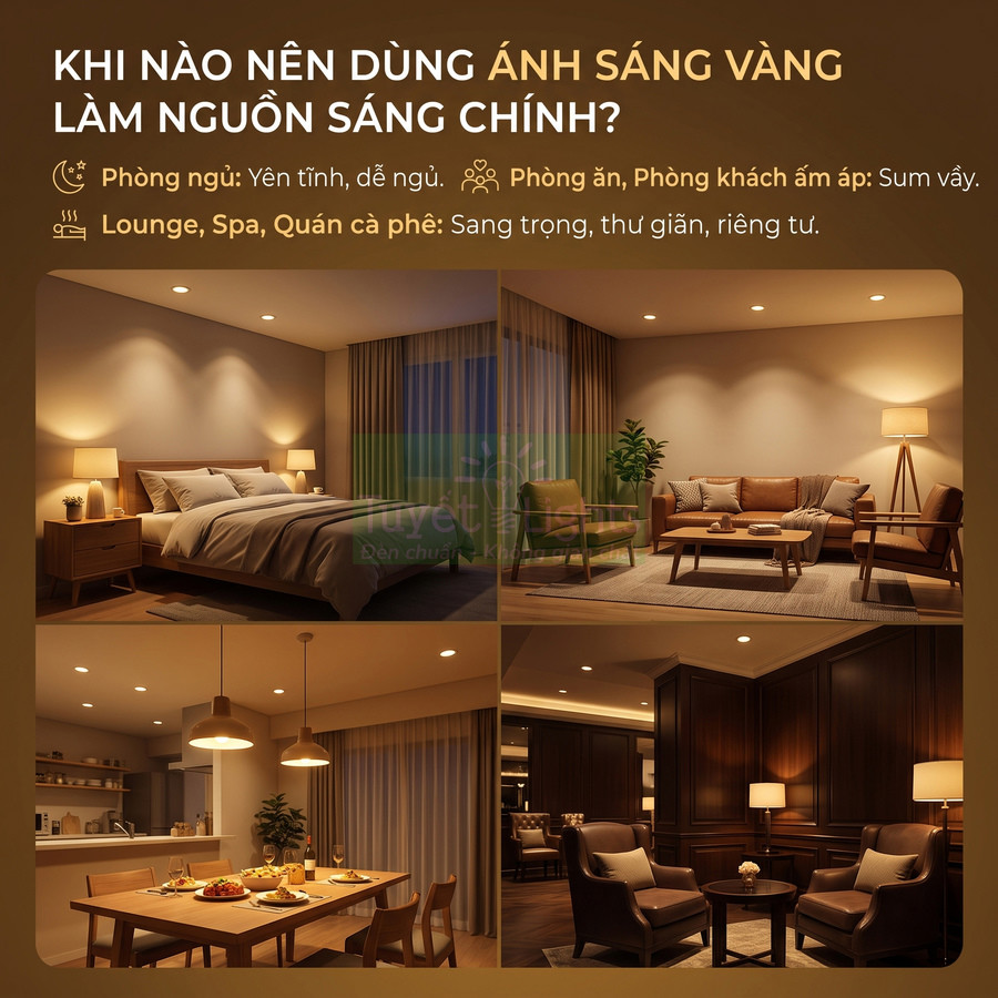 Không gian phòng ngủ, phòng khách, phòng ăn và lounge sử dụng đèn ánh sáng vàng ấm áp