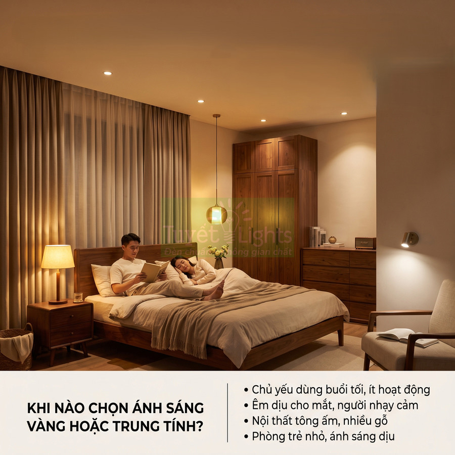 Phòng ngủ nội thất gỗ sử dụng đèn trần và đèn bàn ánh sáng vàng trung tính tạo không gian ấm áp thư giãn
