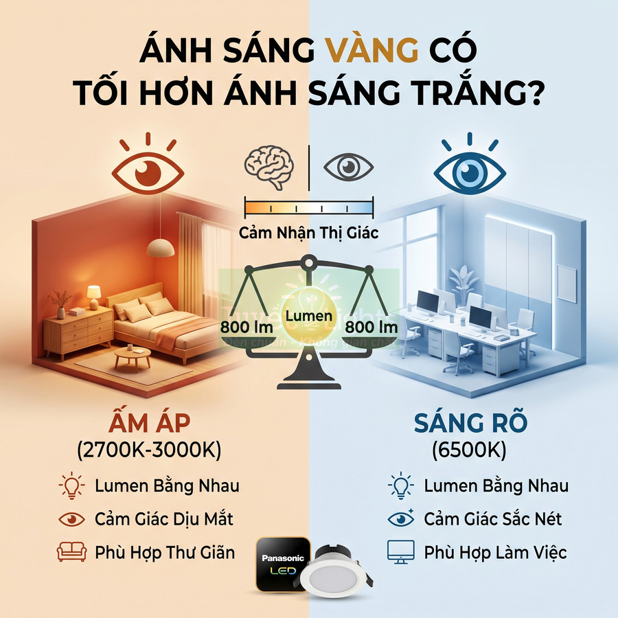 Đèn LED Panasonic so sánh ánh sáng vàng ấm cho phòng ngủ và ánh sáng trắng sáng cho phòng làm việc