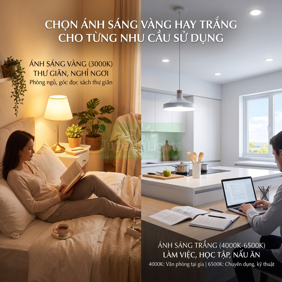 So sánh đèn ánh sáng vàng thư giãn trong phòng ngủ và đèn ánh sáng trắng làm việc học tập trong bếp hiện đại