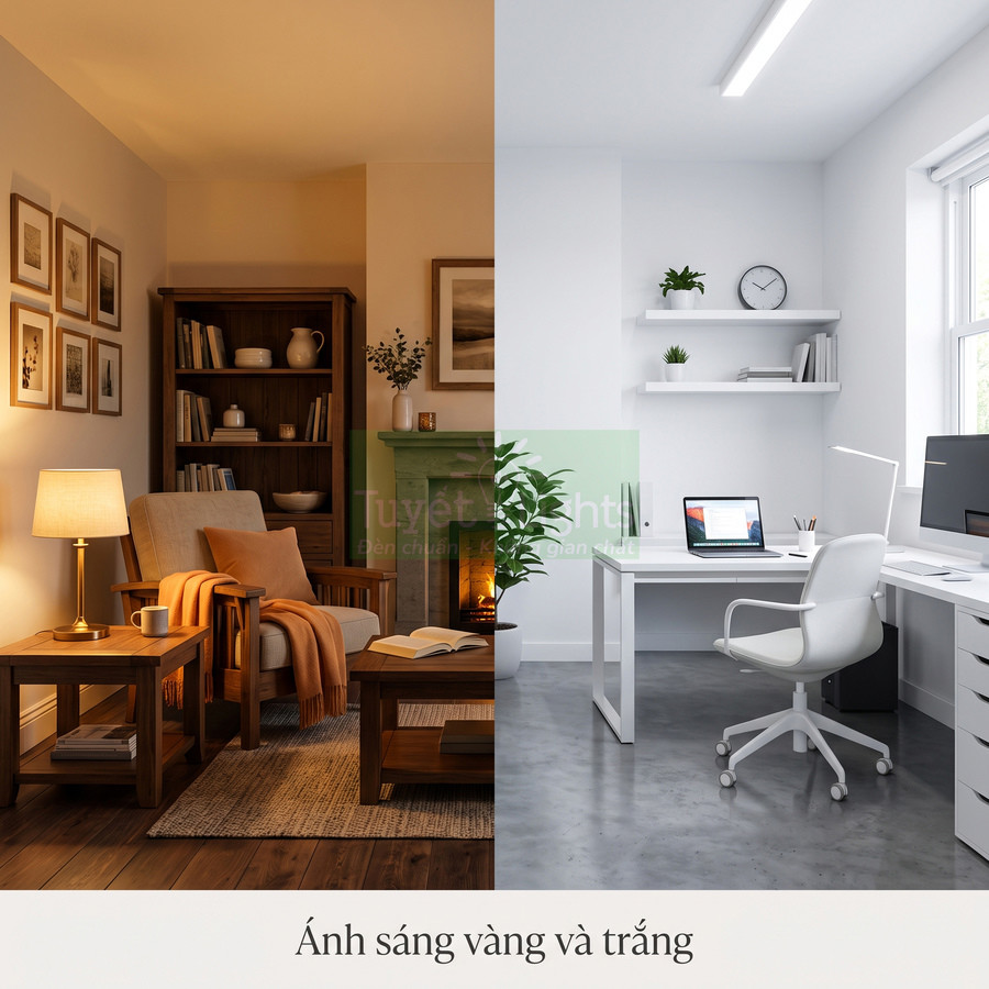 So sánh phòng khách ánh sáng vàng ấm và phòng làm việc ánh sáng trắng hiện đại