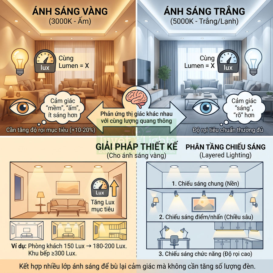So sánh ánh sáng vàng và ánh sáng trắng trong phòng khách và giải pháp thiết kế chiếu sáng nhiều lớp