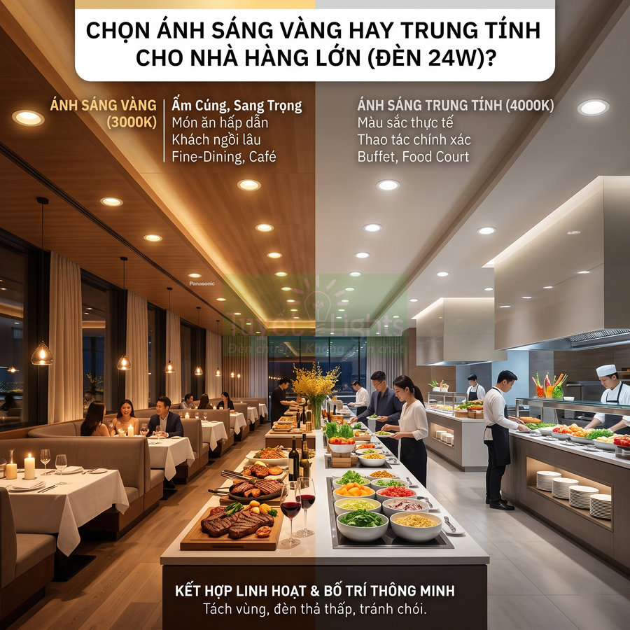 So sánh ánh sáng vàng 3000K và ánh sáng trung tính 4000K cho không gian nhà hàng lớn, khu buffet