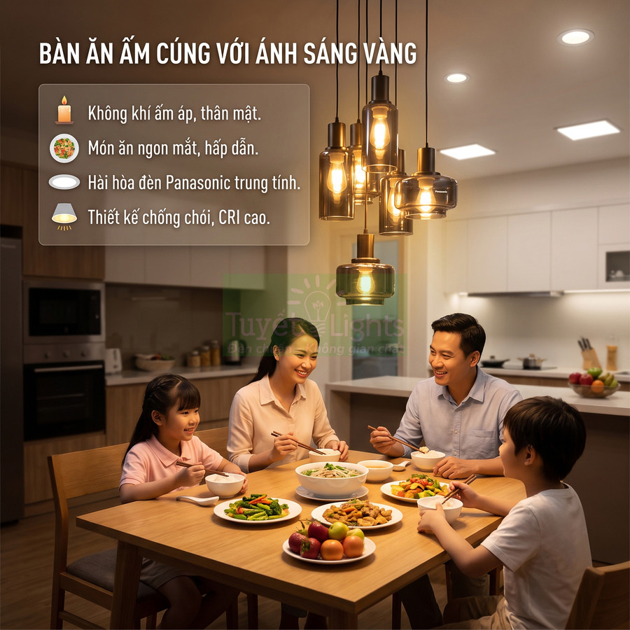 Đèn thả bàn ăn ánh sáng vàng Panasonic tạo không gian ấm cúng cho bữa cơm gia đình