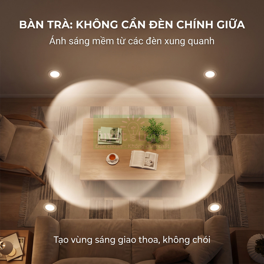 Phòng khách với bàn trà gỗ được chiếu sáng mềm bởi các đèn âm trần xung quanh, tạo vùng sáng giao thoa không chói