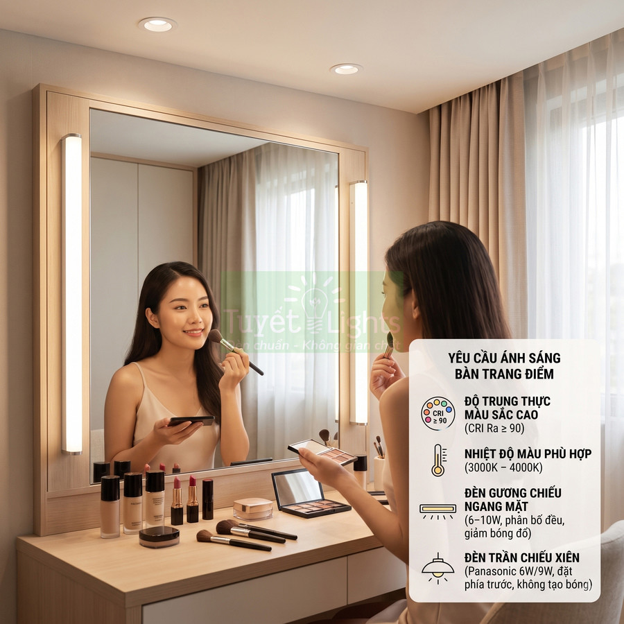 Đèn gương trang điểm Tuyết Lights chiếu sáng bàn phấn với mỹ phẩm và gương lớn trong phòng ngủ hiện đại