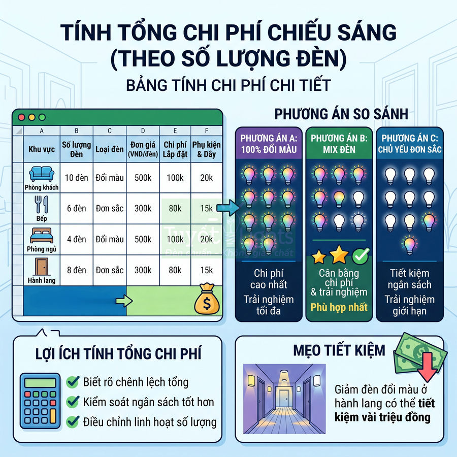 Bảng so sánh chi phí lắp đặt hệ thống đèn đổi màu và đơn sắc cho phòng khách, bếp, phòng ngủ, hành lang