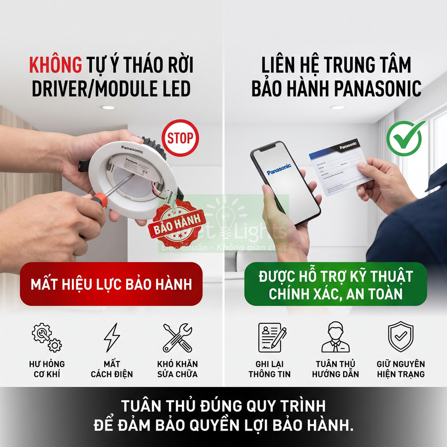 Hướng dẫn bảo hành đèn LED âm trần Panasonic, khuyến cáo không tự ý tháo lắp driver module