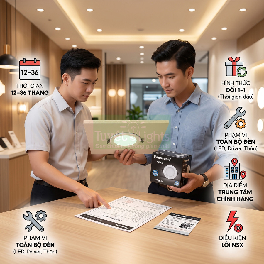Nhân viên tư vấn bảo hành đèn LED âm trần Panasonic 90mm cho khách tại cửa hàng chiếu sáng