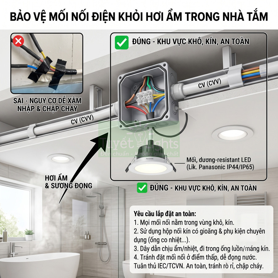Hộp nối điện chống ẩm cho đèn âm trần nhà tắm, lắp đặt đúng cách trong khu vực khô kín an toàn