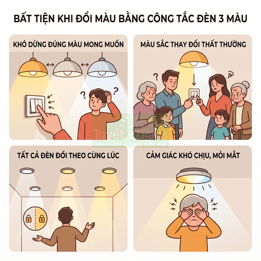 Minh họa các bất tiện khi dùng công tắc đèn 3 màu gây đổi màu ánh sáng khó chịu, mỏi mắt