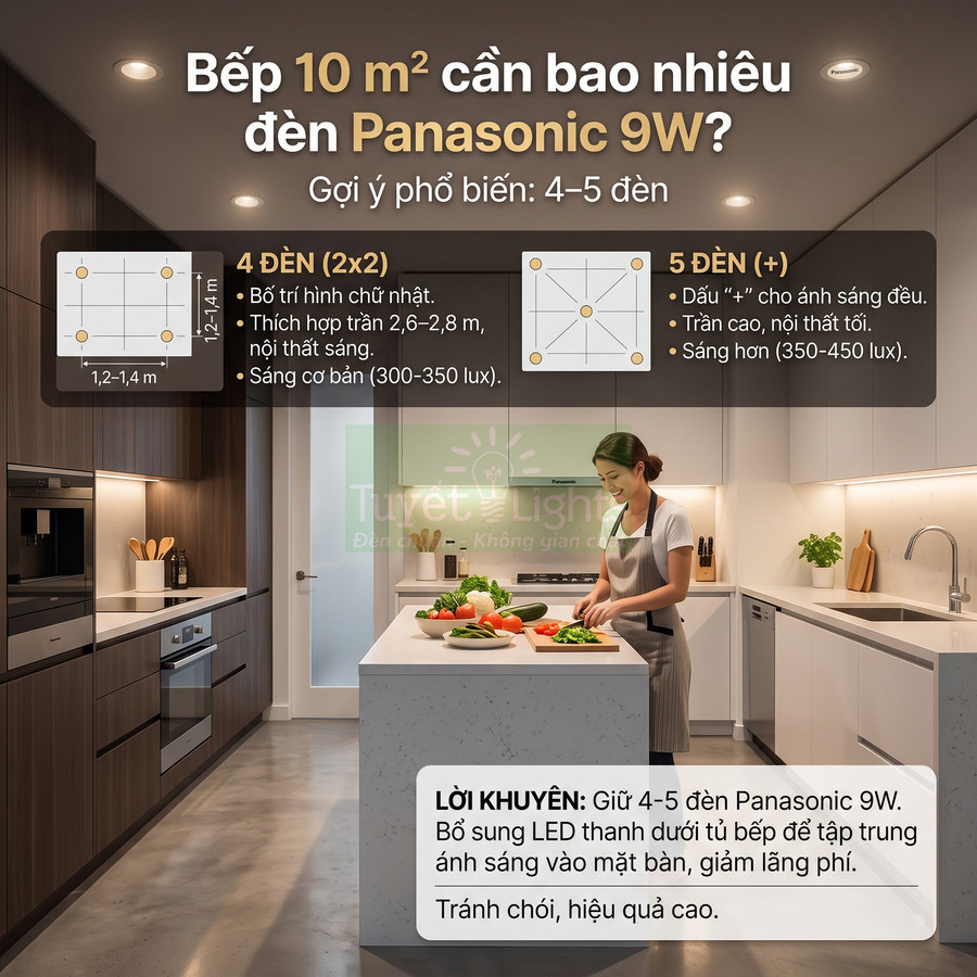 Bếp hiện đại 10m2 lắp 4 đến 5 đèn âm trần Panasonic 9W chiếu sáng đều khu vực nấu ăn và đảo bếp