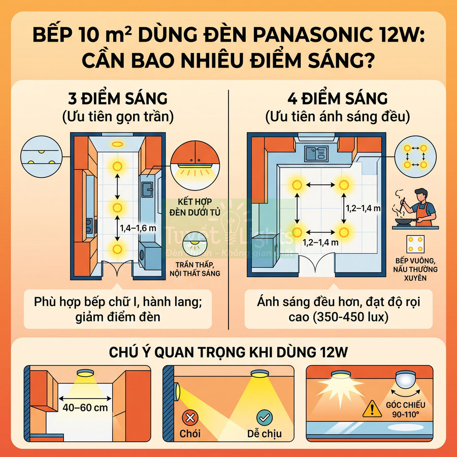 Hướng dẫn bố trí đèn Panasonic 12W cho bếp 10m2 với 3 hoặc 4 điểm sáng và lưu ý góc chiếu, khoảng cách lắp đặt