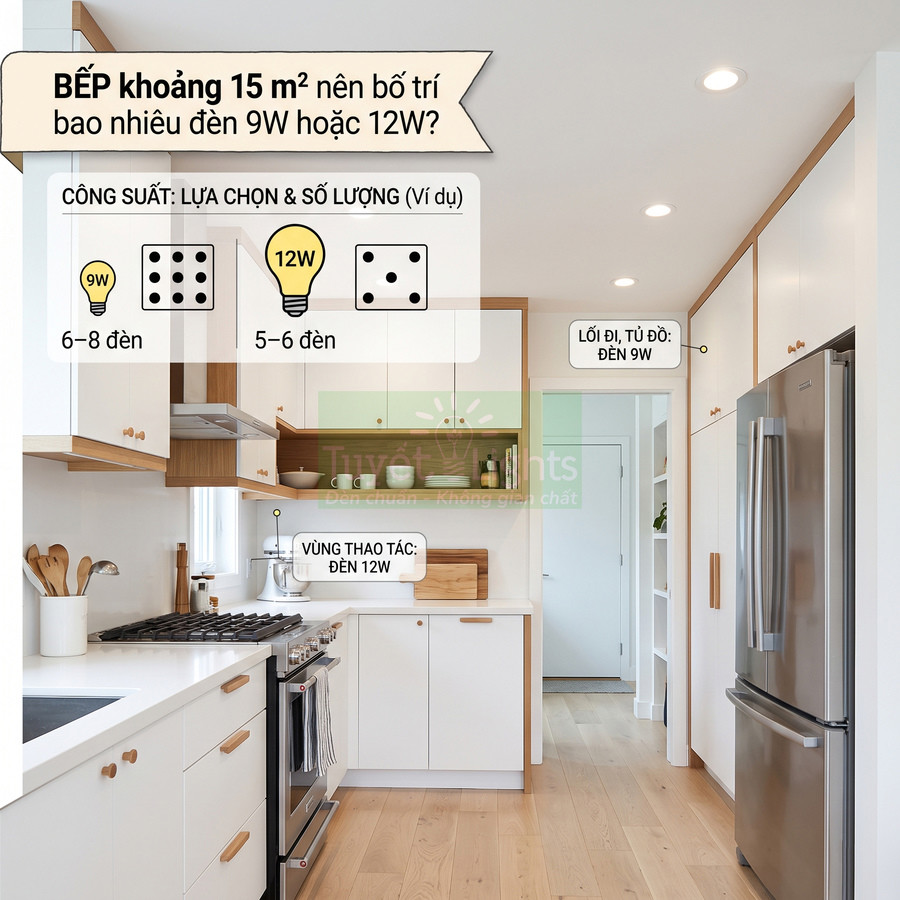 Bố trí đèn LED âm trần 9W và 12W cho căn bếp hiện đại khoảng 15m2 với tủ bếp trắng gỗ