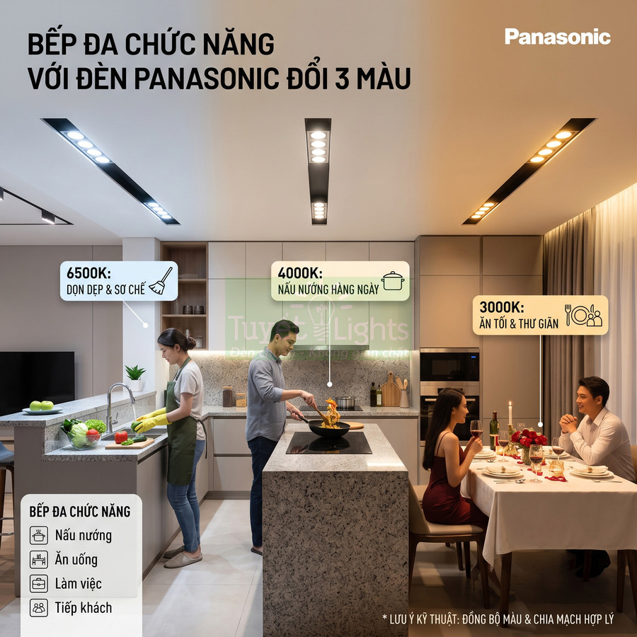 Đèn trần Panasonic đổi 3 màu chiếu sáng bếp đa chức năng và bàn ăn gia đình hiện đại