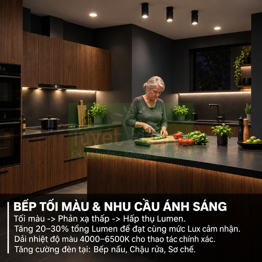 Đèn LED chiếu sáng bếp tối màu với tủ gỗ, đảo bếp đá đen và người phụ nữ đang sơ chế rau củ