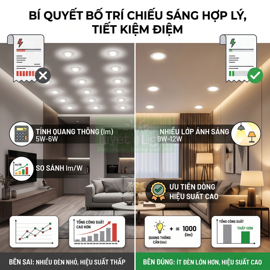 So sánh bố trí đèn LED âm trần trong phòng khách để tối ưu chiếu sáng và tiết kiệm điện