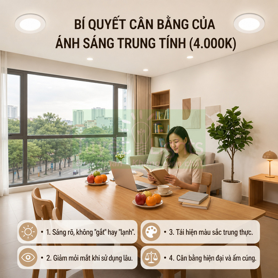 Đèn LED âm trần ánh sáng trung tính 4000K chiếu sáng phòng khách hiện đại nơi phụ nữ làm việc trên laptop