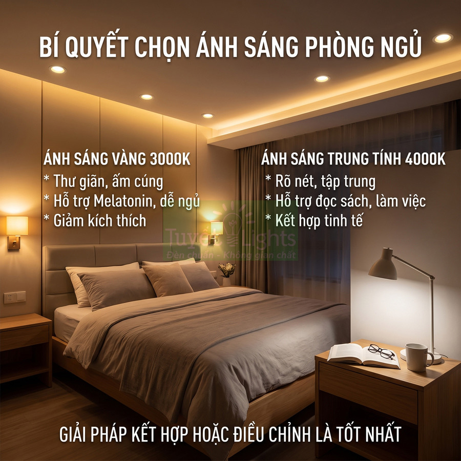 Phòng ngủ hiện đại với đèn LED ánh sáng vàng 3000K và trung tính 4000K cho giường ngủ và bàn đầu giường