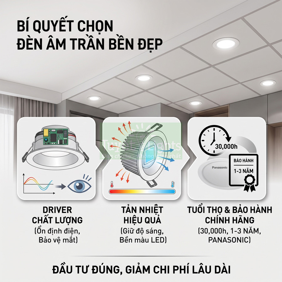 Hướng dẫn chọn đèn âm trần Panasonic bền đẹp với driver chất lượng, tản nhiệt tốt, tuổi thọ cao và bảo hành chính hãng