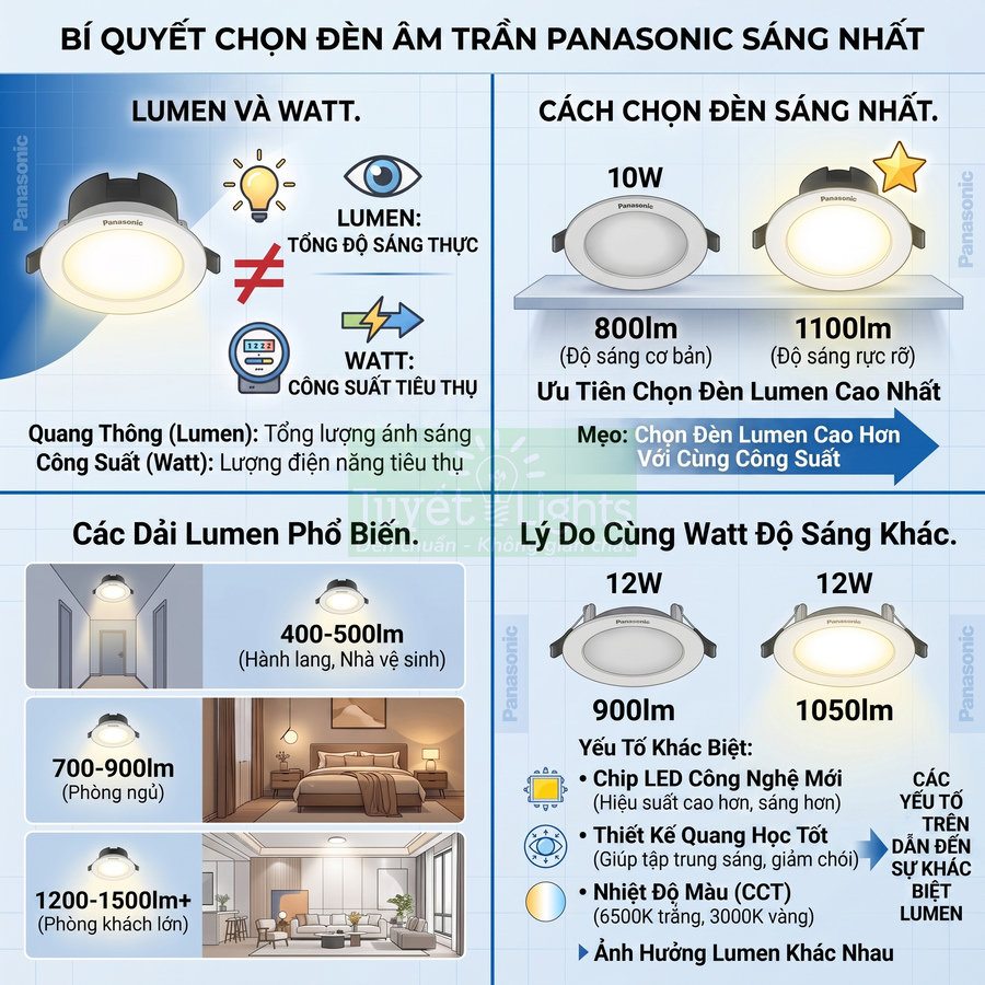 Hướng dẫn chọn đèn âm trần Panasonic sáng nhất với các mức lumen, watt và ứng dụng cho từng không gian