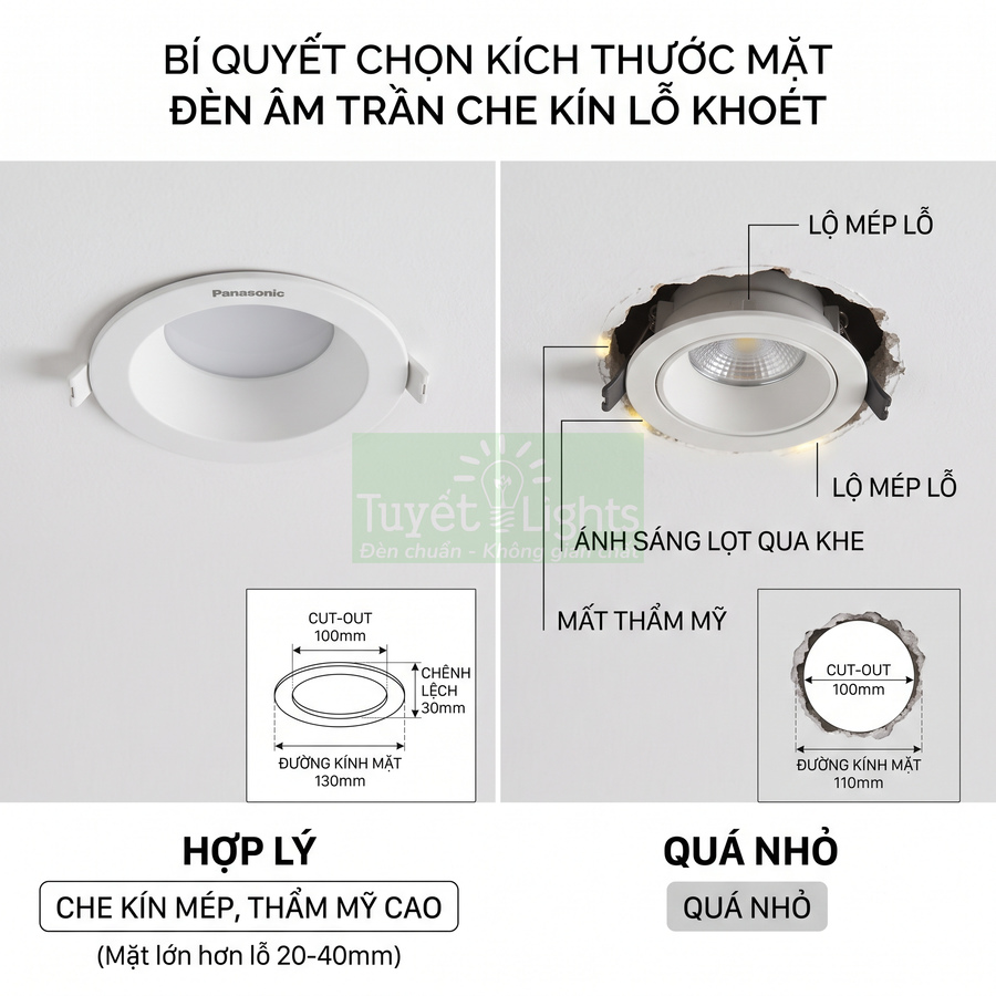 Đèn âm trần Panasonic và minh họa chọn kích thước mặt đèn che kín lỗ khoét trần nhà
