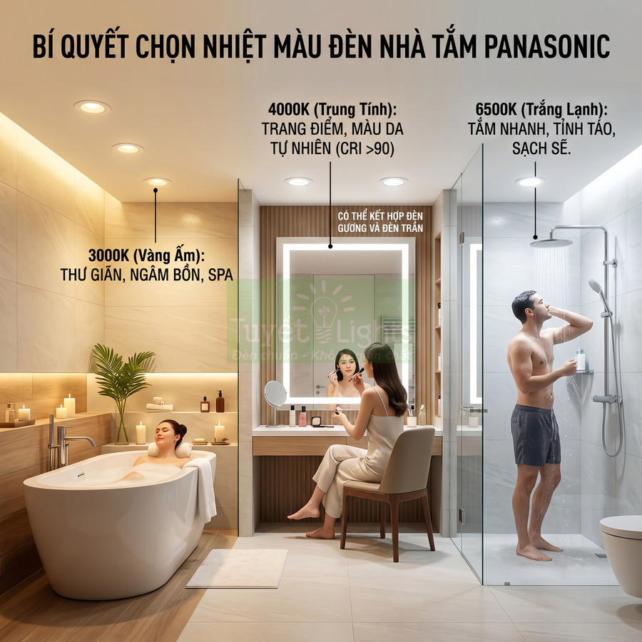 Đèn nhà tắm Panasonic với ba nhiệt màu 3000K 4000K 6500K cho bồn tắm bàn trang điểm và buồng tắm đứng