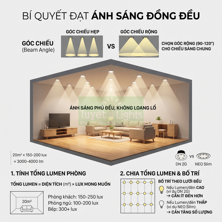 Hướng dẫn bố trí đèn âm trần Tuyết Lights với góc chiếu rộng cho ánh sáng phòng khách đồng đều