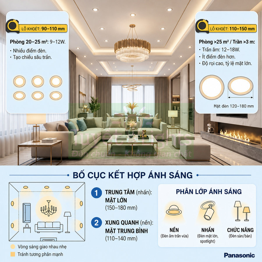 Đèn LED âm trần Panasonic bố trí chiếu sáng phòng khách hiện đại với hướng dẫn chọn kích thước và công suất