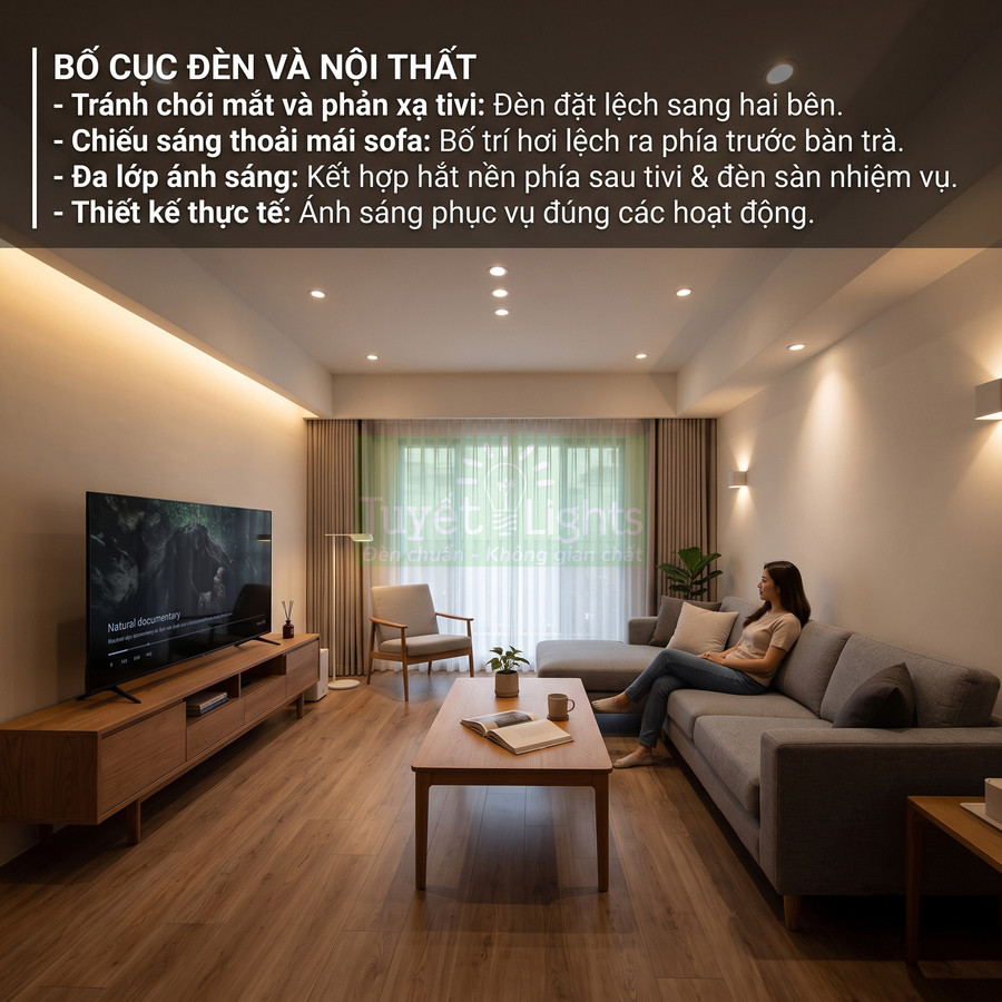 Phòng khách hiện đại với hệ thống đèn âm trần Tuyết Lights chiếu sáng đều khu vực sofa và tivi