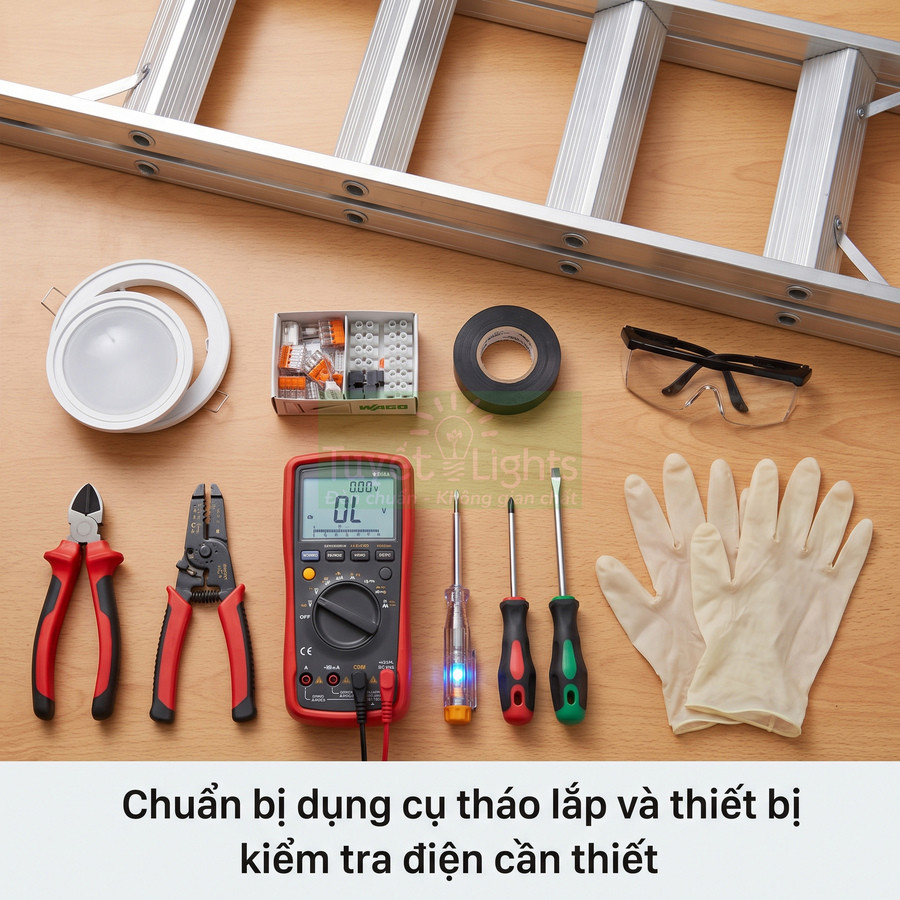 Bộ dụng cụ lắp đặt và kiểm tra điện gồm đồng hồ vạn năng, kìm, tua vít, băng keo, găng tay và thang nhôm