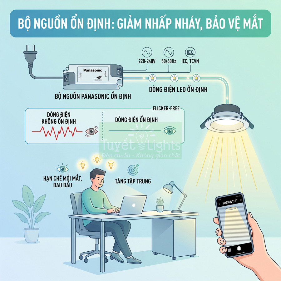 Bộ nguồn đèn LED Panasonic ổn định giảm nhấp nháy, bảo vệ mắt khi làm việc với máy tính