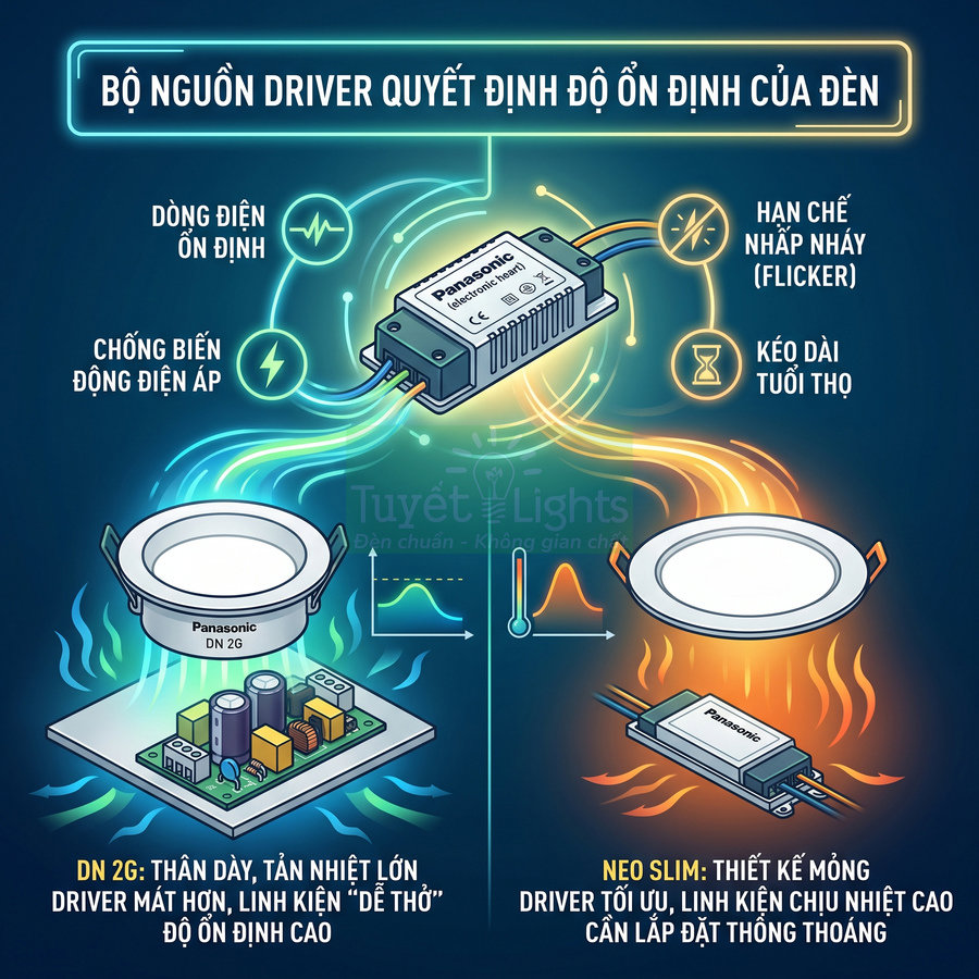 Đèn LED âm trần Panasonic với bộ nguồn driver ổn định chống nhấp nháy và kéo dài tuổi thọ