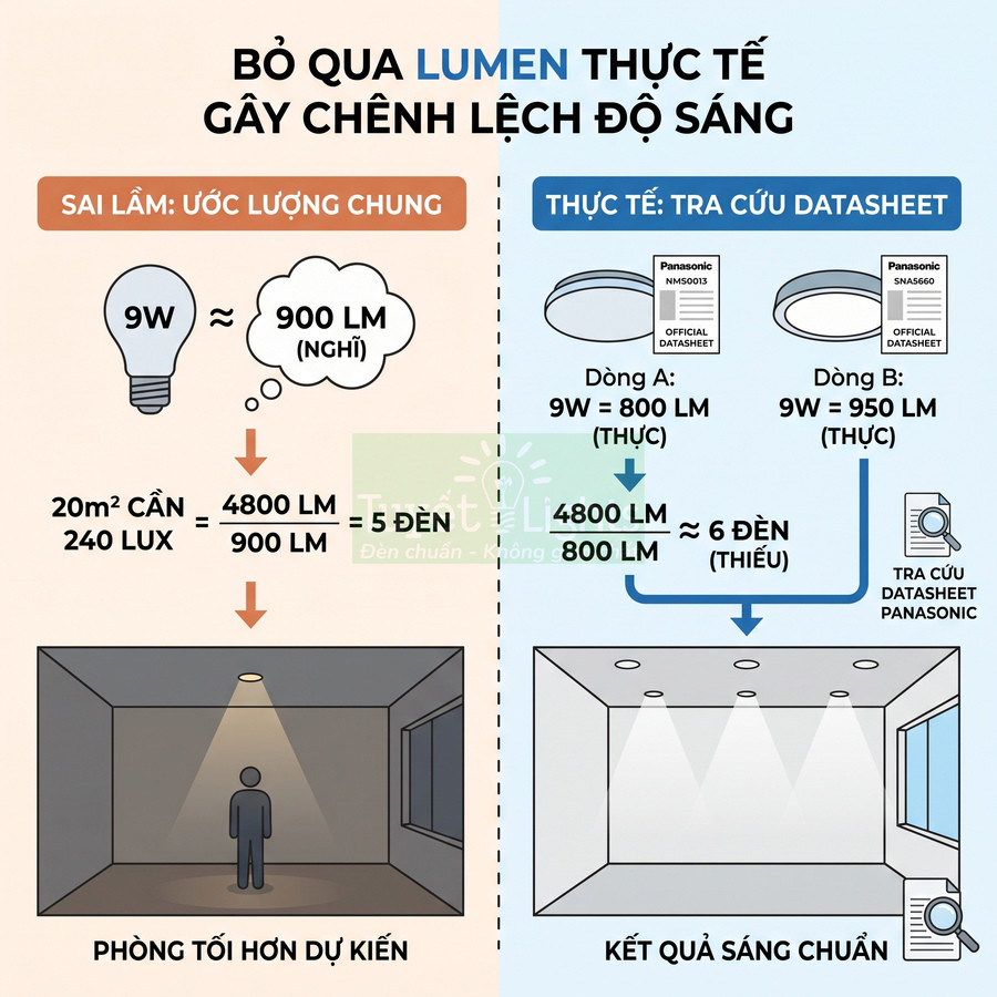 Infographic Panasonic hướng dẫn chọn số lượng đèn LED theo lumen thực tế để đạt độ sáng chuẩn cho phòng