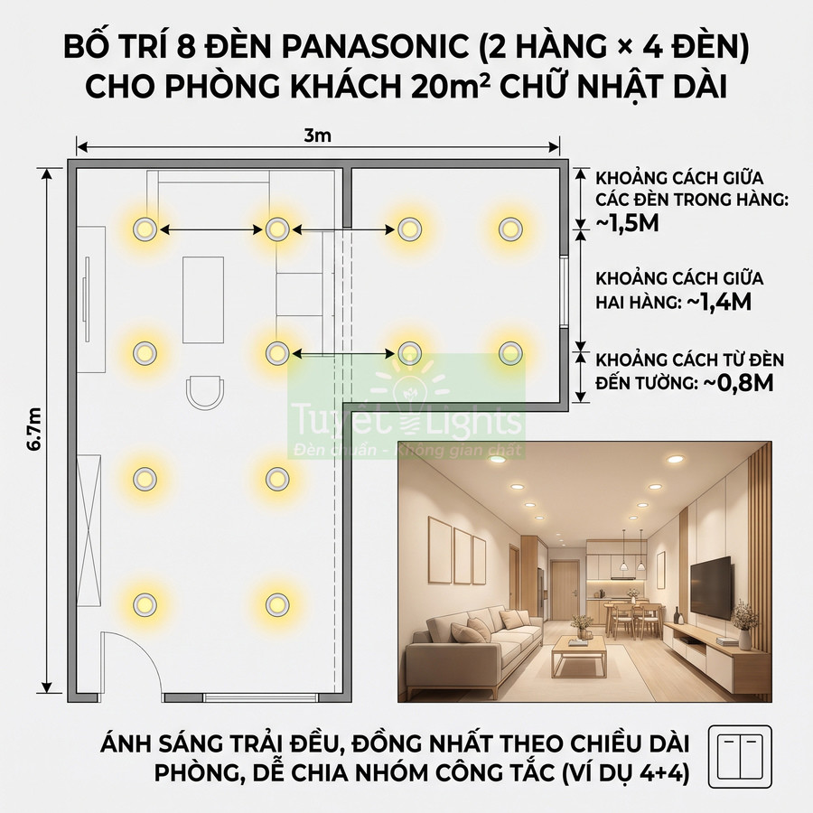 Sơ đồ bố trí 8 đèn âm trần Panasonic cho phòng khách 20m2 hình chữ nhật dài, ánh sáng phân bổ đều