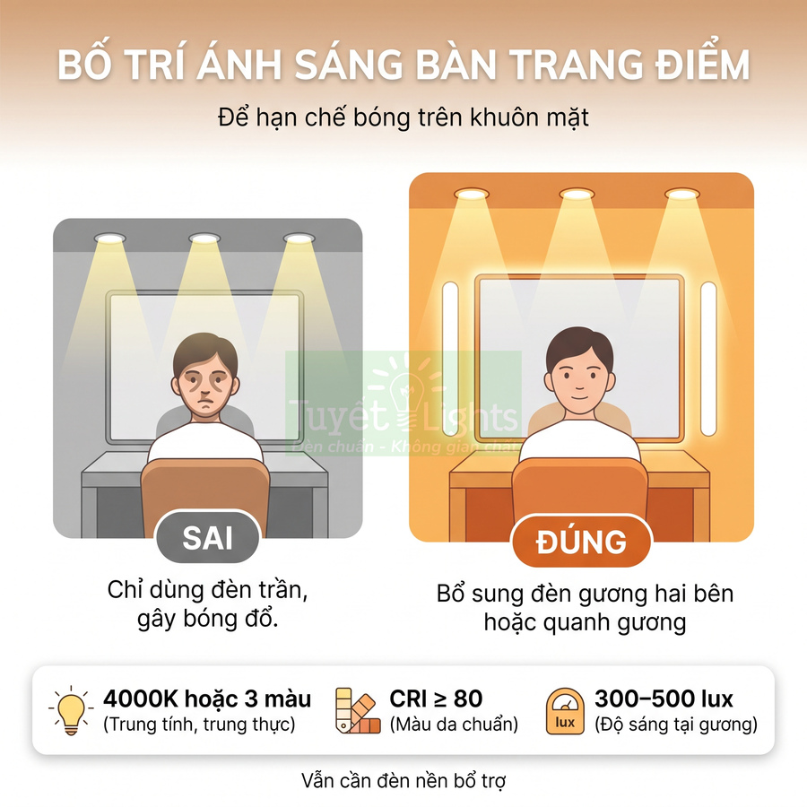 Minh họa cách bố trí đèn bàn trang điểm đúng và sai, nhấn mạnh dùng đèn gương hai bên hoặc quanh gương