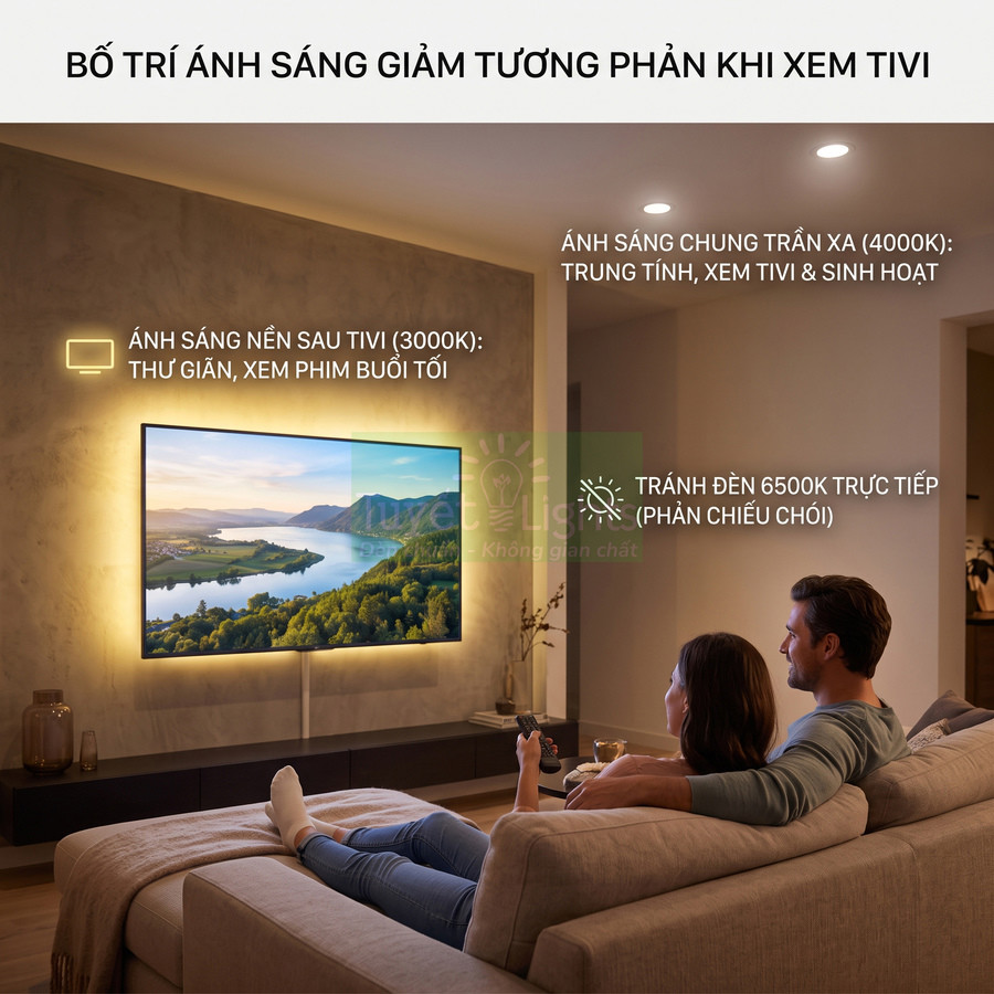 Phòng khách với tivi treo tường có đèn nền vàng ấm và cặp đôi ngồi sofa xem phim thư giãn