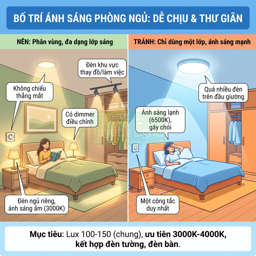 Minh họa so sánh bố trí đèn phòng ngủ ánh sáng ấm nhiều lớp và ánh sáng lạnh mạnh gây chói