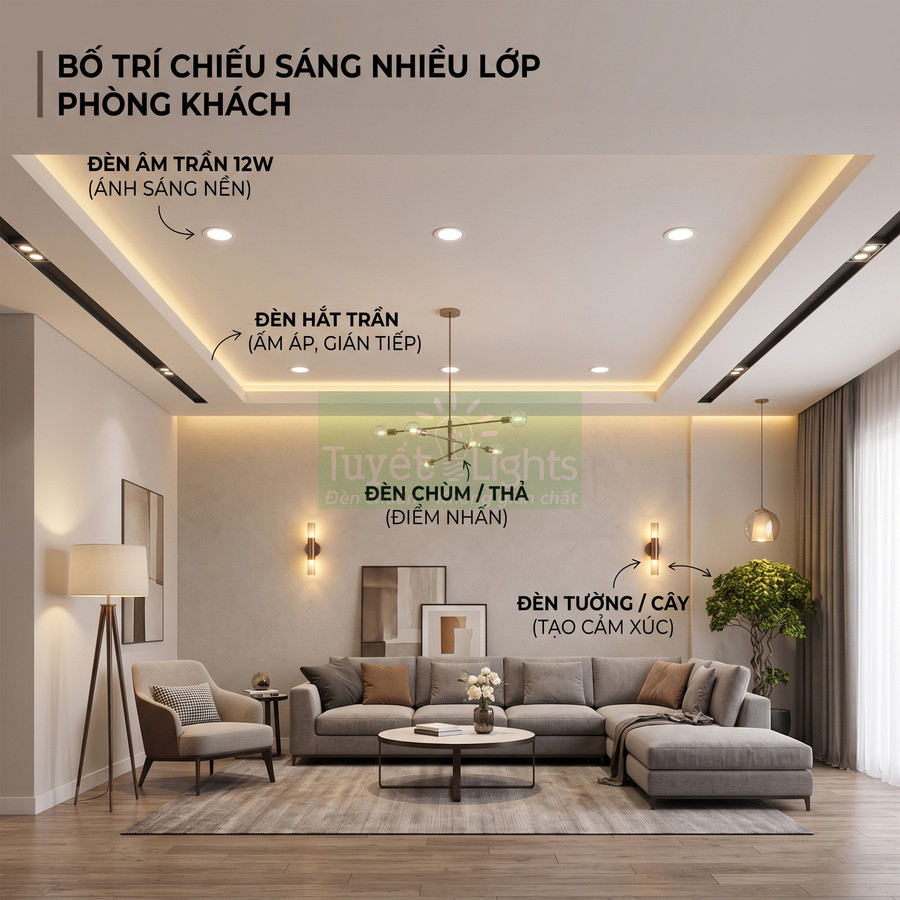 Phòng khách hiện đại với sofa chữ L và hệ thống đèn trần, đèn tường, đèn cây trang trí nhiều lớp